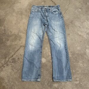 BKE Tyler Straight Jeans Men 32R 32x32 Blue Light Wash Denim Y2K Buckle Baggy